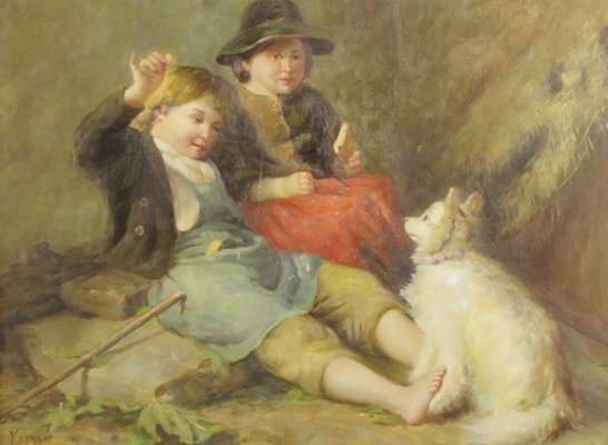 Children With Dog - Signed Oil Painting in Prunkrahmen-VAP-955188