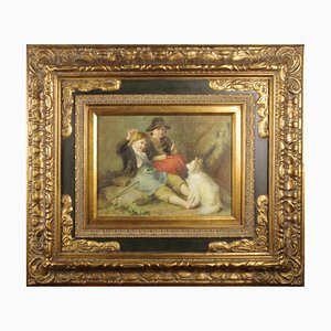 Children With Dog - Signed Oil Painting in Prunkrahmen-VAP-955188