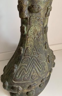 Chinese Achaistic Late Shang Dynasty Inlaid Bronze Gu Vessel-PSK-1002986