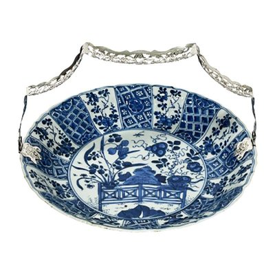 Chinese Blue and White Kraak Kangxi Porcelain Plate with Silver Bracket, 1700-UCH-1224347