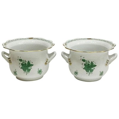 Chinese Bouquet Apponyi Green Porcelain Cachepots from Herend, Set of 2-UCH-1224617