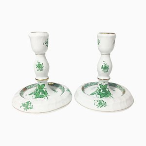 Chinese Bouquet Apponyi Green Porcelain Candleholders from Herend Hungary, Set of 2-UCH-1224522