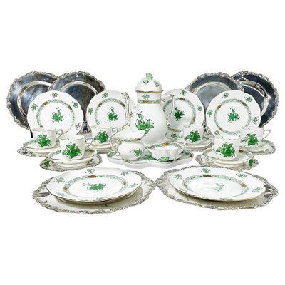 Chinese Bouquet Apponyi Green Porcelain Coffee Set with Silver from Herend Hungary, Set of 28-UCH-1224395