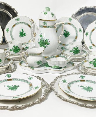 Chinese Bouquet Apponyi Green Porcelain Coffee Set with Silver from Herend Hungary, Set of 28-UCH-1224395