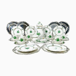 Chinese Bouquet Apponyi Green Porcelain Coffee Set with Silver from Herend Hungary, Set of 28-UCH-1224395