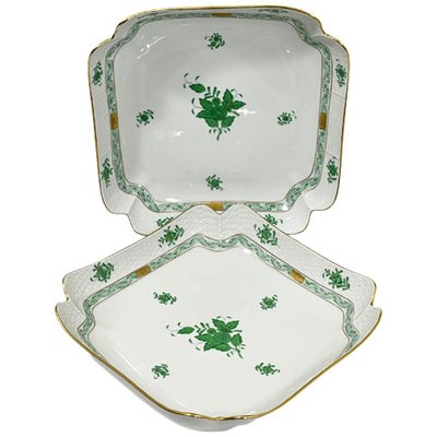 Chinese Bouquet Apponyi Green Porcelain Salad Dishes from Herend Hungary, Set of 2-UCH-1224860