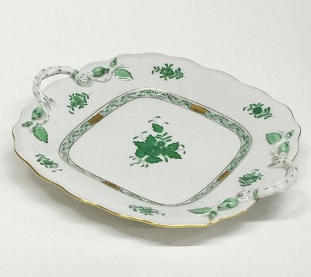 Chinese Bouquet Apponyi Green Porcelain Serving Plate with Handles from Herend-UCH-1224611