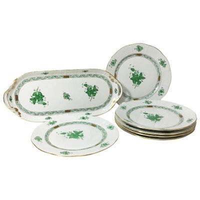 Chinese Bouquet Apponyi Green Porcelain Tray with 6 Plates from Herend, Set of 7-UCH-1224530