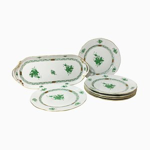 Chinese Bouquet Apponyi Green Porcelain Tray with 6 Plates from Herend, Set of 7-UCH-1224530