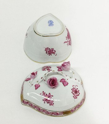 Chinese Bouquet Raspberry Porcelain Box, Dish and Cake Plate from Herend Hungary, Set of 3-UCH-1224480