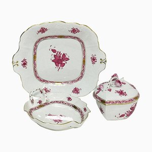 Chinese Bouquet Raspberry Porcelain Box, Dish and Cake Plate from Herend Hungary, Set of 3-UCH-1224480