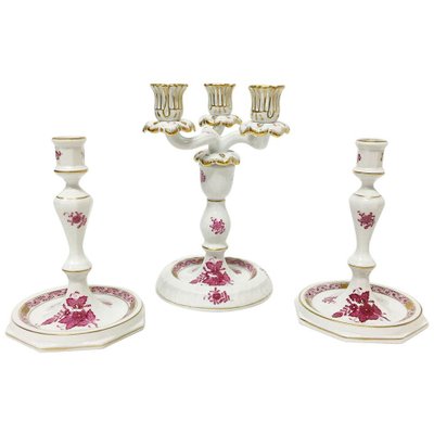 Chinese Bouquet Raspberry Porcelain Candleholders from Herend Hungary, Set of 4-UCH-1224474