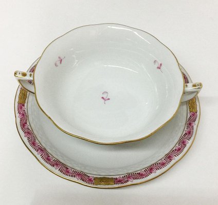 Chinese Bouquet Raspberry Porcelain Cream Soup Cups and Stands from Herend, Set of 16-UCH-1224481