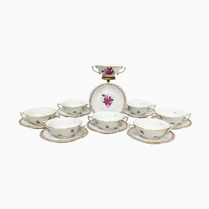 Chinese Bouquet Raspberry Porcelain Cream Soup Cups and Stands from Herend, Set of 16-UCH-1224481