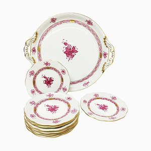 Chinese Bouquet Raspberry Porcelain Round Tray and Small Plates from Herend Hungary, Set of 9-UCH-1224465