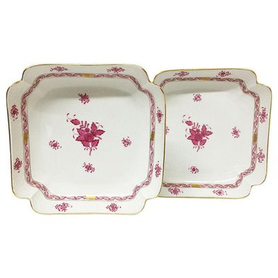 Chinese Bouquet Raspberry Porcelain Square Salad Dishes from Herend Hungary, Set of 2-UCH-1224478