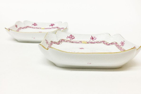 Chinese Bouquet Raspberry Porcelain Square Salad Dishes from Herend Hungary, Set of 2-UCH-1224478