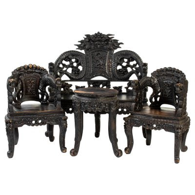 Chinese Carved Wood Living Room Set, 1930s, Set of 4-ABO-1438853