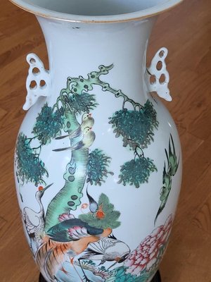 Chinese Celadon Porcelain Vase Decorated with Birds, Flowers, Vegetation, China, 19th Century-QCI-2036730