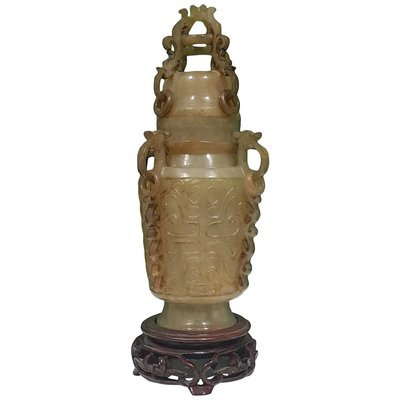 Chinese Green Jade Censer with Wooden Base Friezed with Decorations, 1920s-ZCI-751995