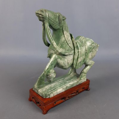 Chinese Jade Horse Sculpture on Wooden Base, 20th Century-PWG-2036746