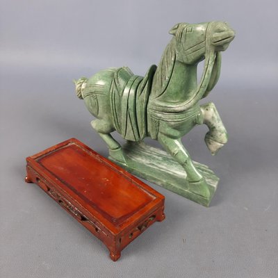 Chinese Jade Horse Sculpture on Wooden Base, 20th Century-PWG-2036746