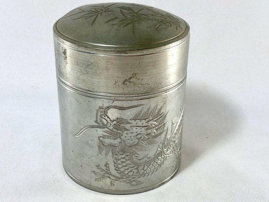 Chinese Pewter Tea Container with Dragon and Bamboo Decor-QKG-1330357