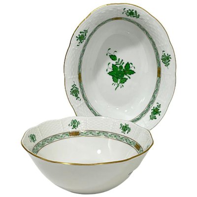 Chinese Porcelain Apponyi Green Bouquet Bowl and Oval Dish from Herend Hungary, Set of 2-UCH-1224302