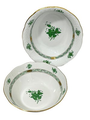 Chinese Porcelain Apponyi Green Bouquet Bowl and Oval Dish from Herend Hungary, Set of 2-UCH-1224302