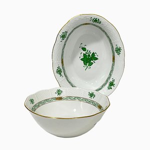 Chinese Porcelain Apponyi Green Bouquet Bowl and Oval Dish from Herend Hungary, Set of 2-UCH-1224302