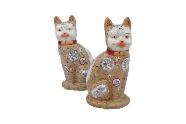 Chinese Porcelain Cat Sculptures, 1980s, Set of 2-CEJ-626810