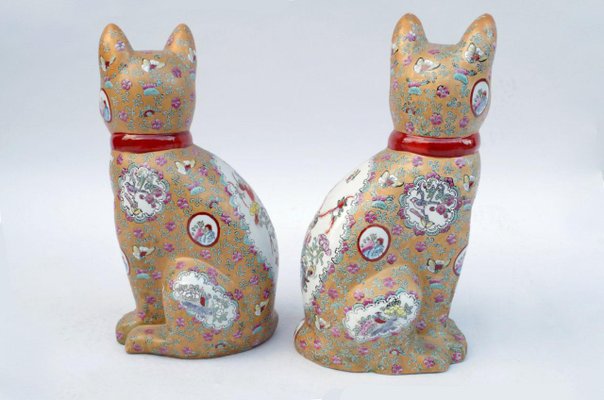 Chinese Porcelain Cat Sculptures, 1980s, Set of 2-CEJ-626810