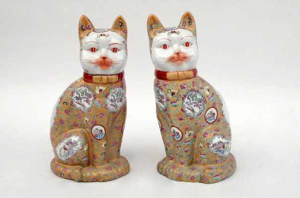 Chinese Porcelain Cat Sculptures, 1980s, Set of 2-CEJ-626810