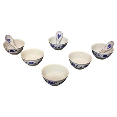 Chinese Porcelain Rice Bowls with 3 Spoons, 1940s, Set of 9-JZV-2041109