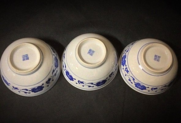 Chinese Porcelain Rice Bowls with 3 Spoons, 1940s, Set of 9-JZV-2041109