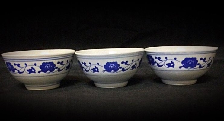 Chinese Porcelain Rice Bowls with 3 Spoons, 1940s, Set of 9-JZV-2041109