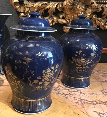 Chinese Powder-Blue Gilt-Decorated Jars, 18th Century, Set of 2-MBH-1032132