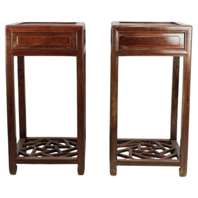 Chinese Side Tables with Drawer in Polished Dark Wood, Set of 2-UY-1241179