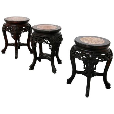 Chinese Vase Holders in Ebonized Wood with Marble Top, Set of 3-RCE-1100049