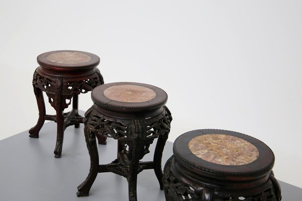 Chinese Vase Holders in Ebonized Wood with Marble Top, Set of 3-RCE-1100049