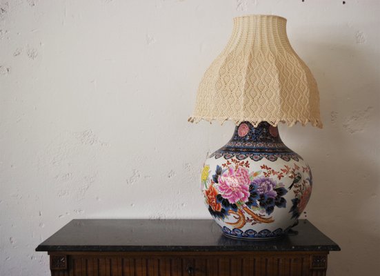 Chinese Vase Table Lamp with Hand-Embroidered Lace Shade, 1950s-KNM-884875