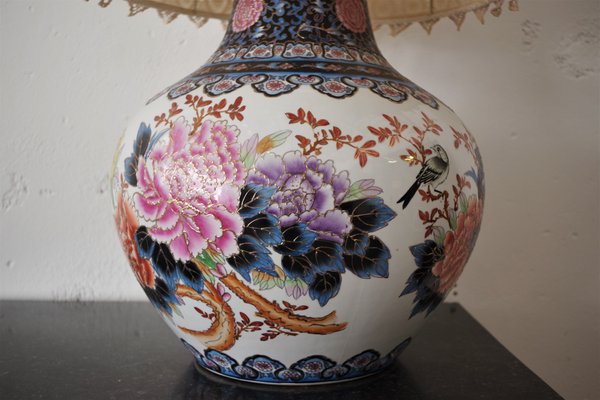 Chinese Vase Table Lamp with Hand-Embroidered Lace Shade, 1950s-KNM-884875