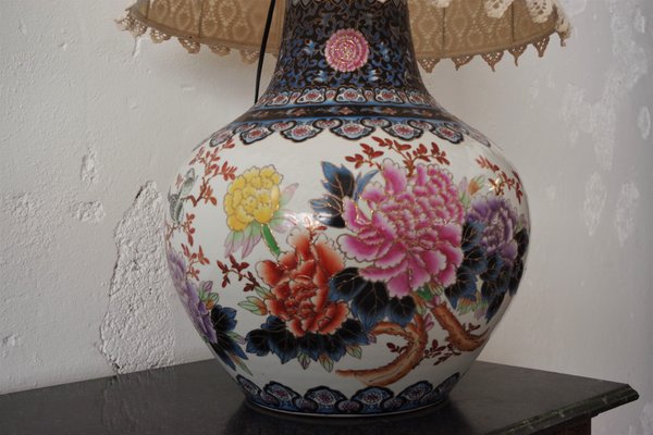 Chinese Vase Table Lamp with Hand-Embroidered Lace Shade, 1950s-KNM-884875