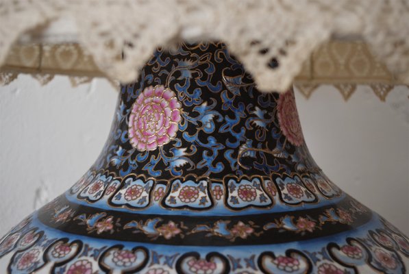 Chinese Vase Table Lamp with Hand-Embroidered Lace Shade, 1950s-KNM-884875