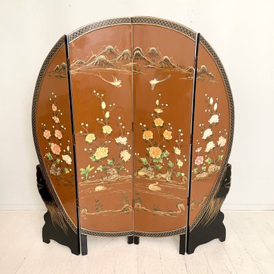 Chinoiserie and Black Lacquer Four-Panel Folding Screen Room Divider, 1930s-FB-1405259