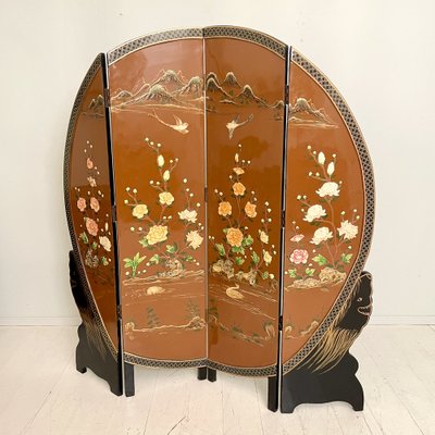 Chinoiserie and Black Lacquer Four-Panel Folding Screen Room Divider, 1930s-FB-1405259