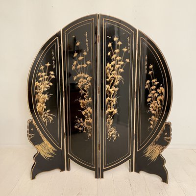 Chinoiserie and Black Lacquer Four-Panel Folding Screen Room Divider, 1930s-FB-1405259