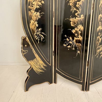 Chinoiserie and Black Lacquer Four-Panel Folding Screen Room Divider, 1930s-FB-1405259