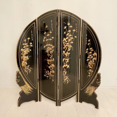 Chinoiserie and Black Lacquer Four-Panel Folding Screen Room Divider, 1930s-FB-1405259