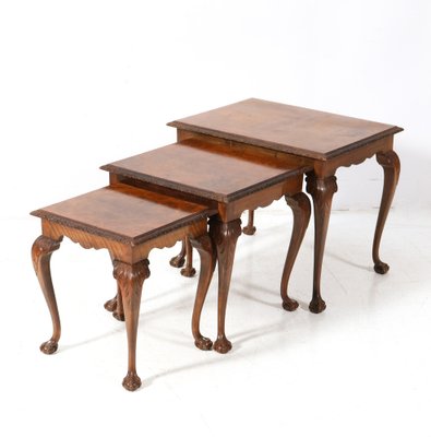 Chippendale Style Burl Walnut Nesting Tables, 1920s, Set of 3-MY-1804481